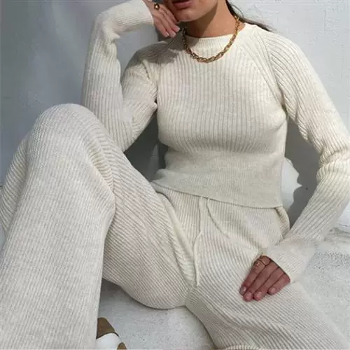 Women Solid Knitt Sweater Sets Casual O Neck And Drawstring