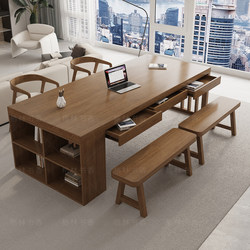 Solid Wood Large Long Desk with Integrated Bookshelf for Living Room, Study Desk with Drawers for Home Study and Work