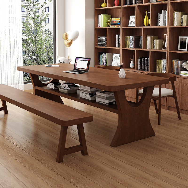 Simple Modern Solid Wood Desk and Chair, Dual-Purpose Living Room Desk, Double-Layer Study Desk, Writing Desk, Calligraphy Desk, Workbench, Long Table