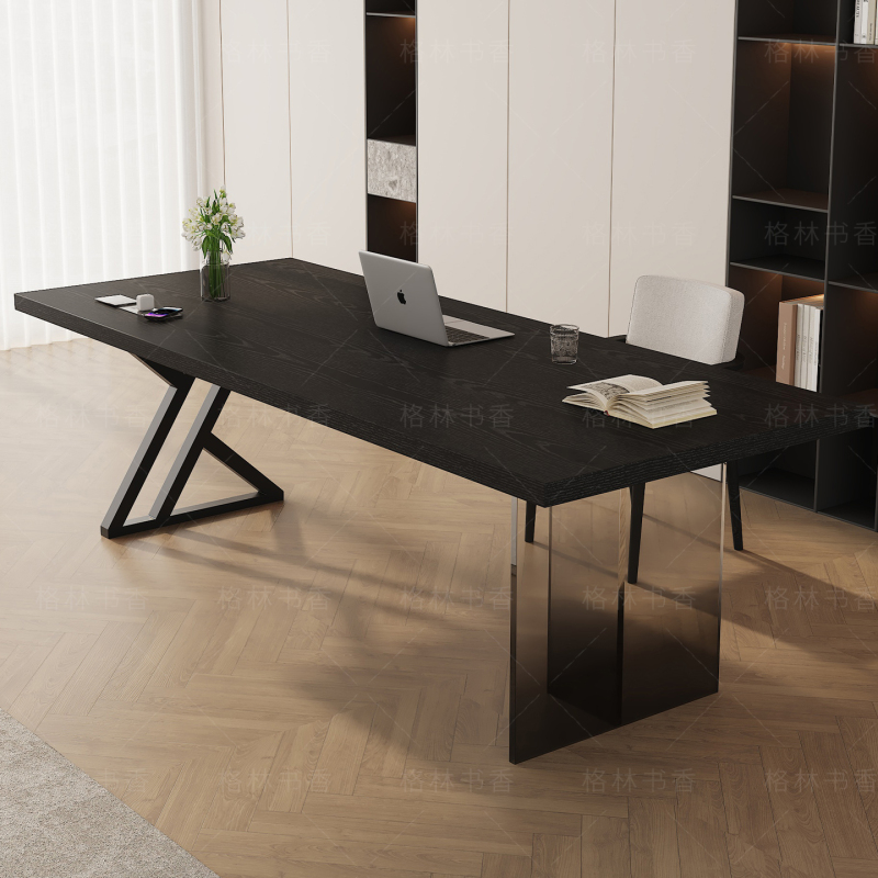 Italian Minimalist Solid Wood Large Desk with Socket, Living Room Study Computer Desk, Office Desk, Workbench, Black Long Table
