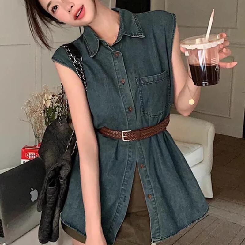 2025 Summer New Retro Hong Kong Style Sleeveless Denim Shirt for Women, American Sweet and Cool Girl Outerwear Vest Top