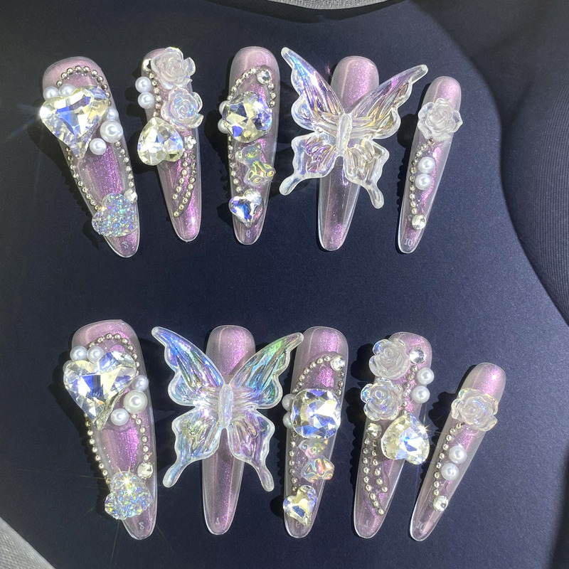 Original Ice Crystal Butterfly Handmade Wearable Nails, Sparkling Full of Rhinestones, Fresh and Natural Butterfly Design, Brightening and High-End Nail Art