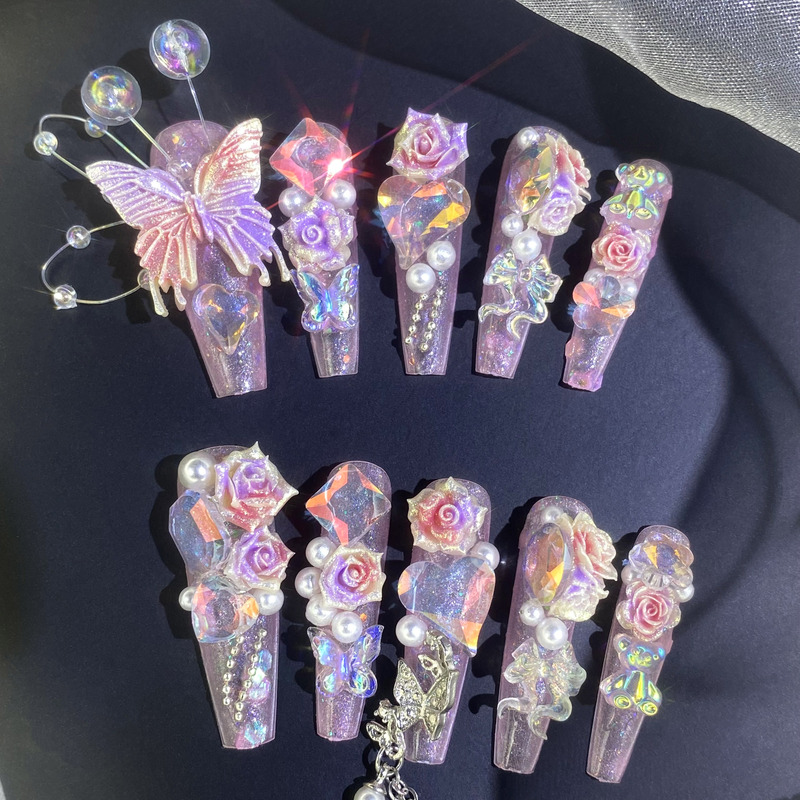 Original New Pink World Handmade Rose Whitening Detachable Three-Dimensional High-End Butterfly Princess Nail Art with Dazzling Sparkle