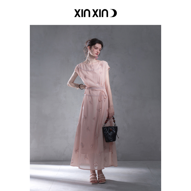 Xinxinyue Butterfly Shadow Embroidery~ Fantasy Pink Butterfly Wings Bat Silhouette Lace-Up Embroidered Lace Tea Break Dress