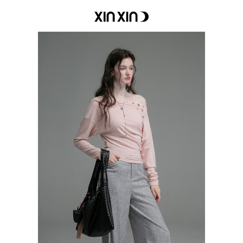 Xinxinyue Mother-Of-Pearl Shirt~ Lyocell Off-Shoulder Shell Button Decorative Top T-Shirt