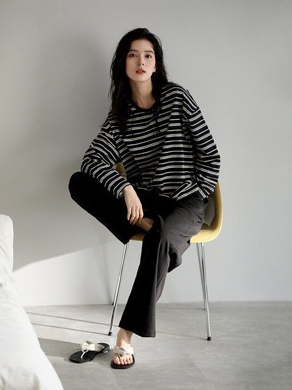 悦内睡衣女士春秋款秋季纯棉长袖家居服休闲可外穿条纹圆领套头