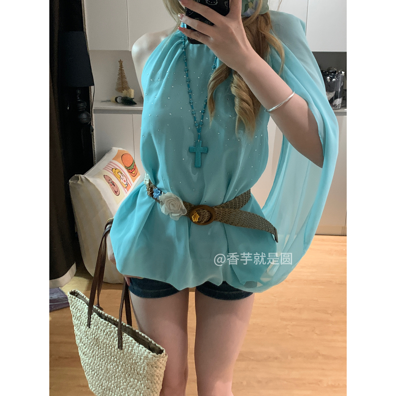 Taro Is Like a Round [Jasmine Princess] Exquisite Holiday Heavy-Duty Rhinestone Sleeveless Vest with an Open Back, Chiffon, and Comes with a Belt