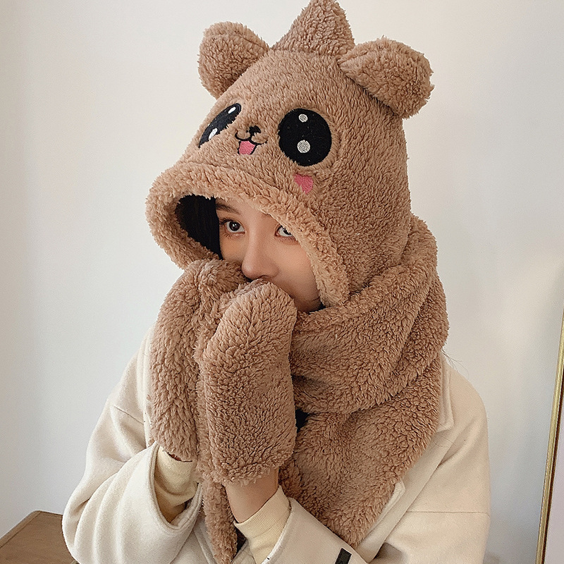 Small Bear integrated plush scarf hat new autumn and winter cute hat children thickened thermal theorizer Three sets 922-Taobao