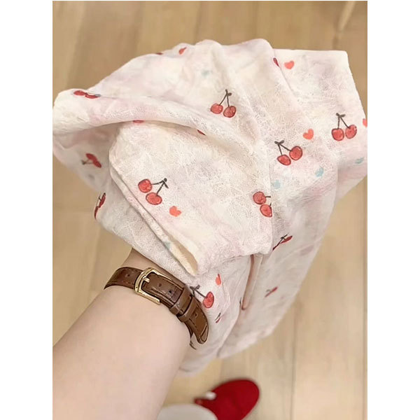 [Pink Cherry Jacquard Miant Short Sleeve] Knitted Sweater, Loose Fit, Slimming, Casual, Fashionable, Versatile Sweater