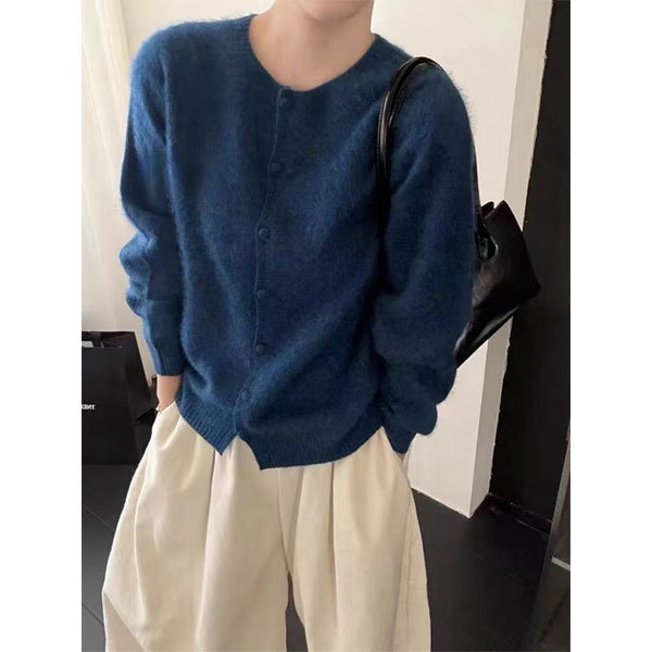 [Blue Single-Breasted Long-Sleeve Cardigan] Knitted Sweater, Loose Fit, Slimming, Casual, Fashionable, Versatile Sweater