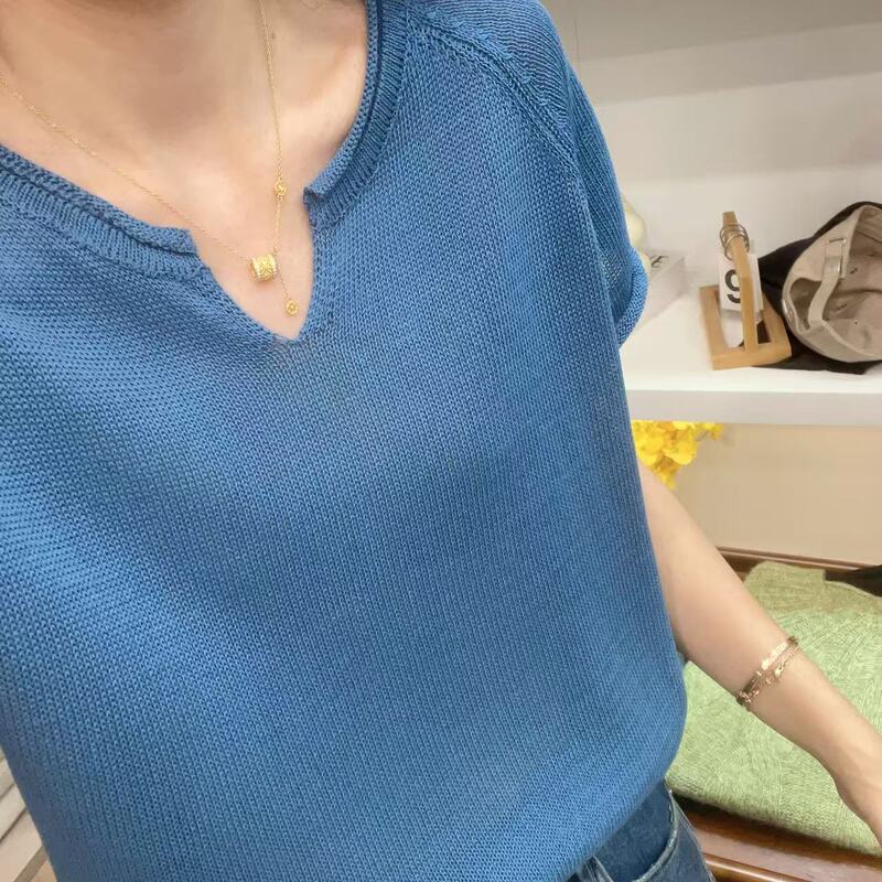 Scissor U-Neck Raglan Sleeve Denim Blue Knit Sweater, Loose Fit, Slimming, Casual, Fashionable, Versatile Sweater