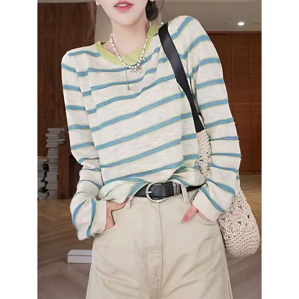 【Green, Blue, and White Color-Blocked Striped Thin Long-Sleeve】 Knitted Sweater, Loose Fit, Slimming, Casual, Fashionable, Versatile Sweater