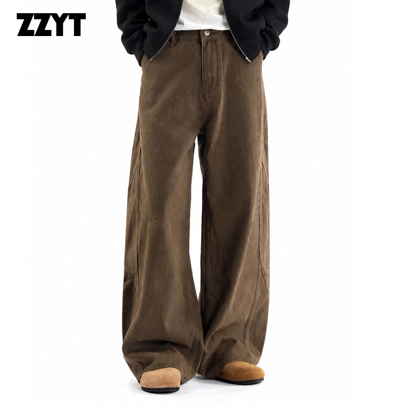 Zzyt American Retro Deconstructed Design Washed Straight Wide-Leg Pants Unisex Loose Casual Pleated Drape Pants