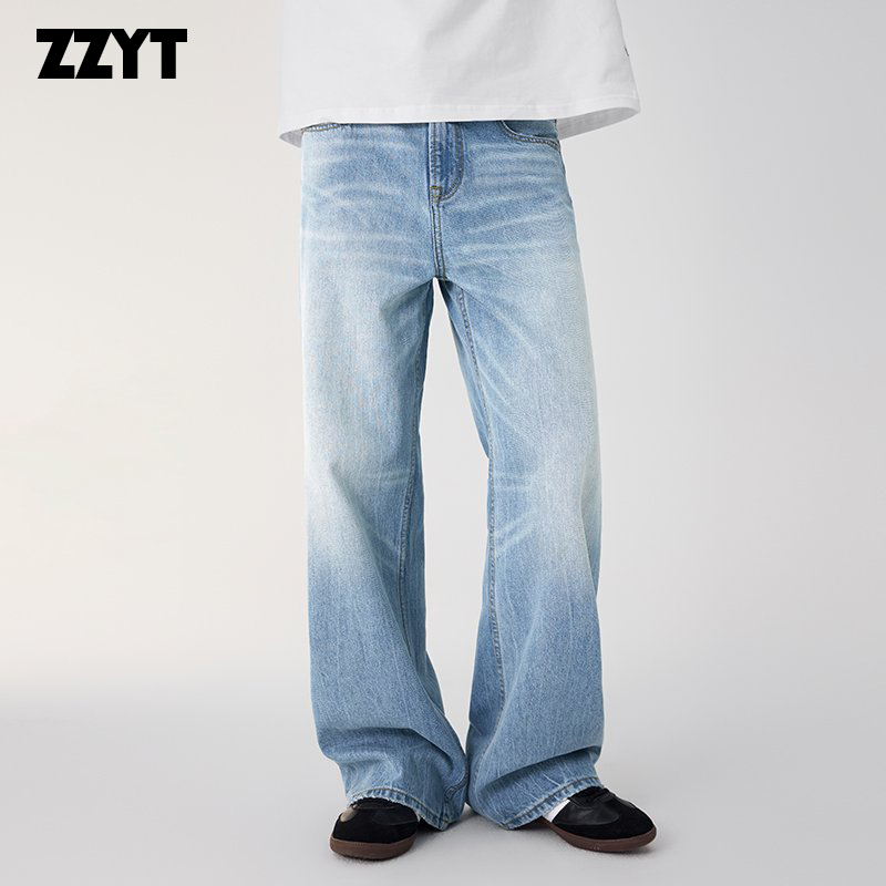 Zzyt American Retro Washed Distressed Jeans Men's Loose Straight Wide-Leg Floor-Length Pants Zzyt American Retro Washed Distressed Jeans Men's Loose Straight Wide-Leg Floor-Length Pants