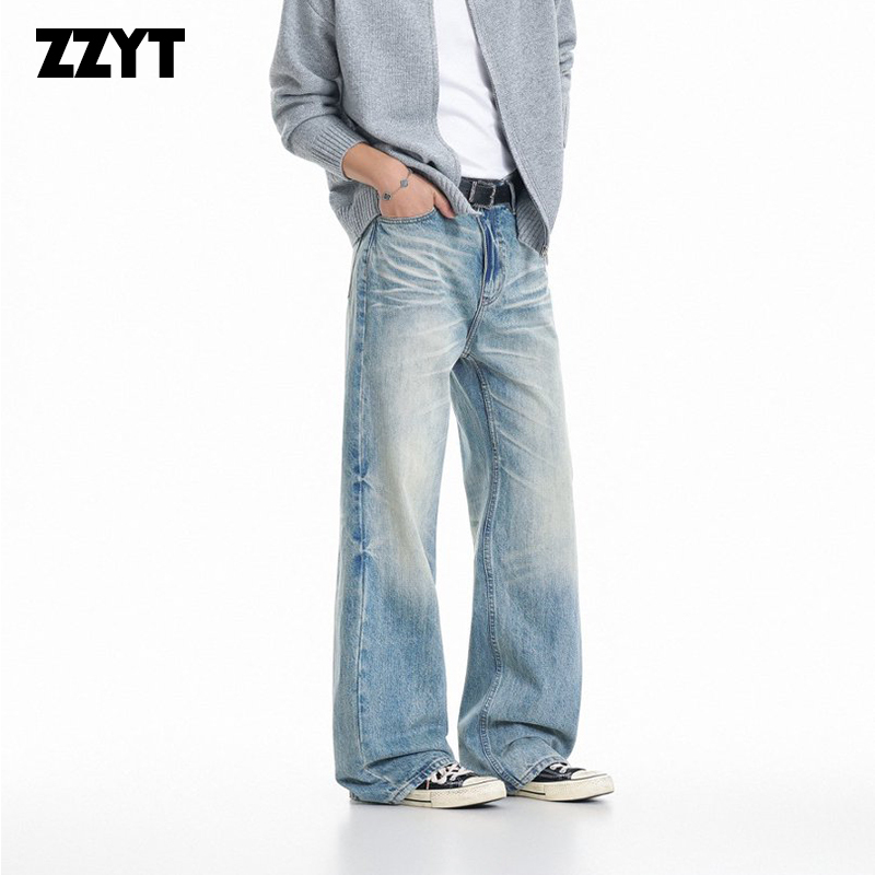 Zzyt American Retro Washed Distressed Straight-Leg Jeans for Men, Loose Wide-Leg Casual Pants