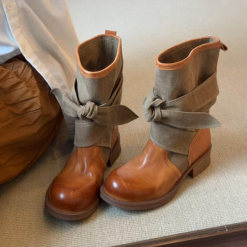 Cowhide Version~ Retro Style Niche Design Autumn and Winter Fashion Western Boots for Women with Bowknot Canvas Short Knight Boots