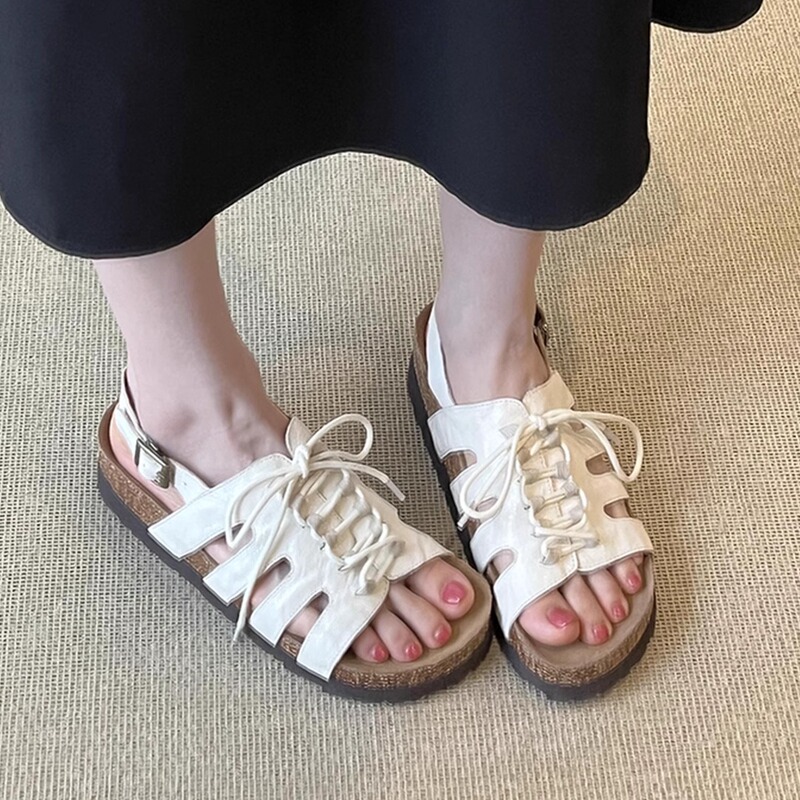 Sheepskin Version~French Retro New Style Versatile Thick-Soled Beach Birkenstock Shoes for Women, Genuine Leather Open-Toe Roman Sandals with Laces