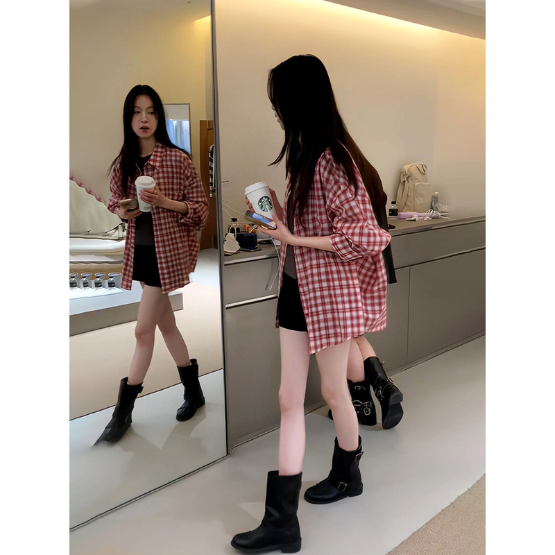 2026 Spring New Loose Thin Vintage Plaid Shirt Women's Versatile Casual Mid-Length Oversized Shirt