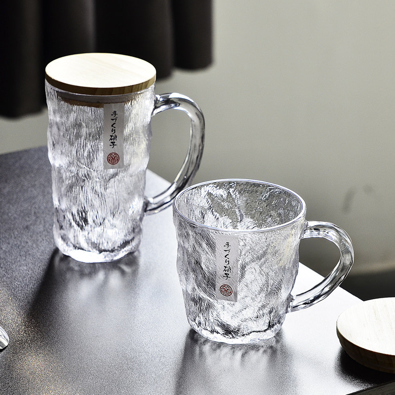 Japanese-Style Glacier Glass Water Cup with Handle for Girls, Home Use, Stylish and Beautiful Beverage Beer Cup with Portable Lid