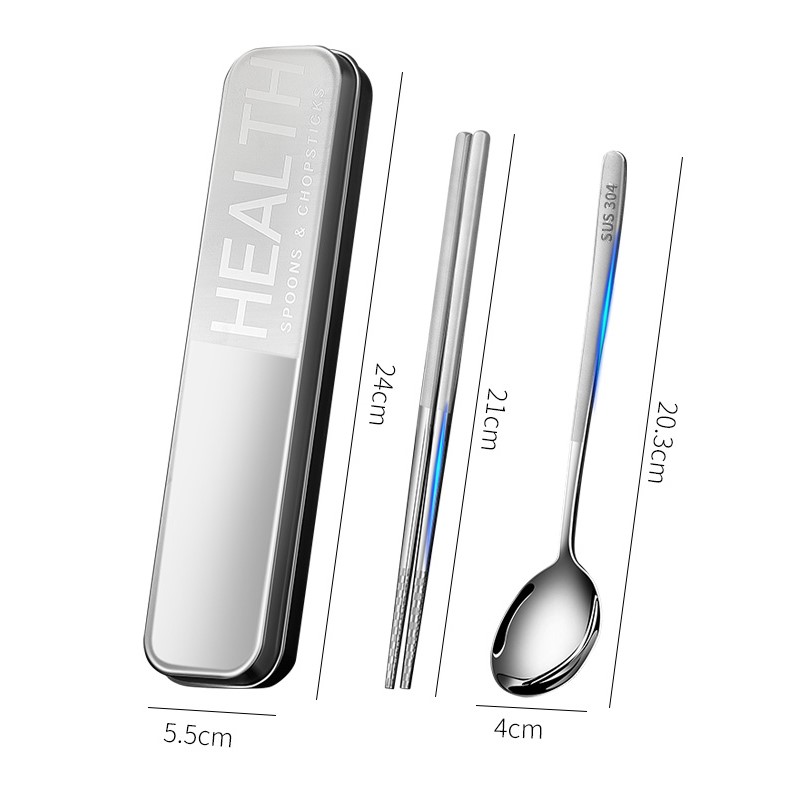 304 Stainless Steel Chopsticks Spoon Suit Fork single with portable cutlery box Three sets of student containing box-Taobao