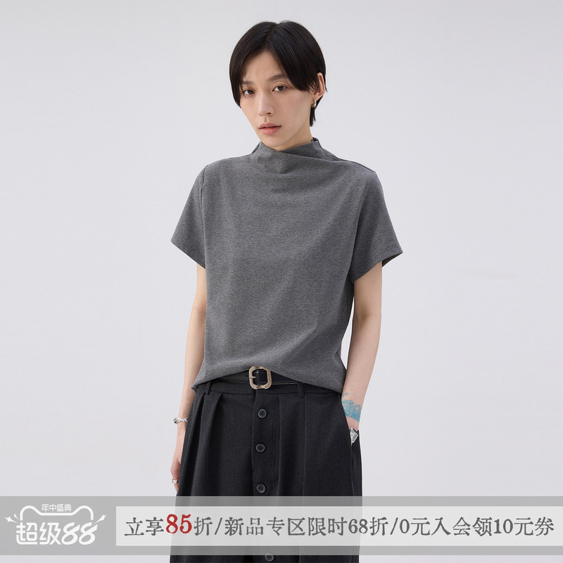 [Same Style as Gao Qingchen] Sameuoo Free-Range Culture'Ash' Regular Shoulder Half-High Collar Short-Sleeve T-Shirt Women's Top