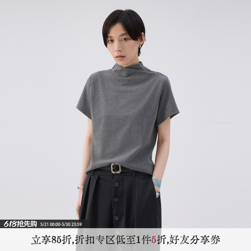 [Same Style as Gao Qingchen] Sameuoo Free-Range Culture'Ash' Regular Shoulder Half-High Collar Short-Sleeve T-Shirt Women's Top