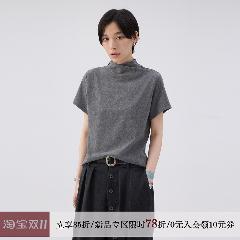 [Same Style as Gao Qingchen] Sameuoo Free-Range Culture'Ash' Regular Shoulder Half-High Collar Short-Sleeve T-Shirt Women's Top