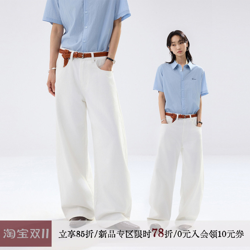 【Sameuoo】Sameuoo's Loose-Fitting Culture Brand, White Straight-Leg Jeans with a Slight Curve in the Hem 【Sameuoo】Sameuoo's Loose-Fitting Culture Brand, White Straight-Leg Jeans with a Slight Curve in the Hem