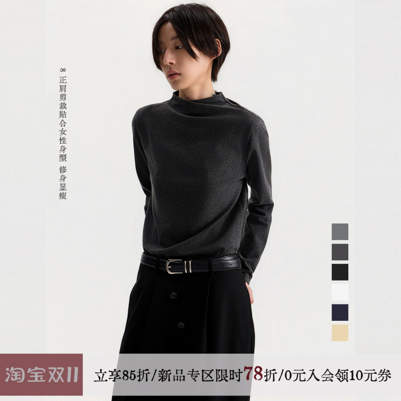 Sameuoo Free-Range Culture "Yan Gui" Black Half-High Collar Long-Sleeve T-Shirt for Layering or Wearing Alone, Simple Autumn and Winter Top