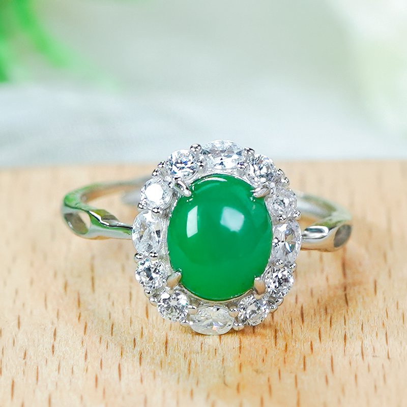 Valentine's Day gift, natural Burmese jade a, fully stocked, green cabochon ring, silver inlay, fashionable hollow, luxurious inlay, versatile