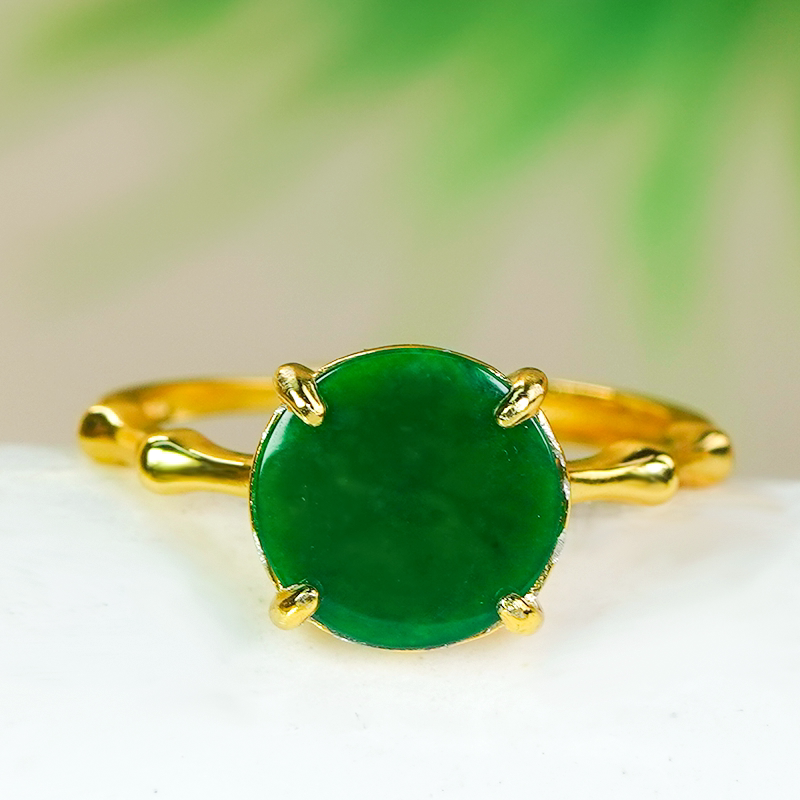 Chinese Valentine's Day gift, natural Burmese jade A grade silver inlaid fashionable bamboo design full green jade medal ring