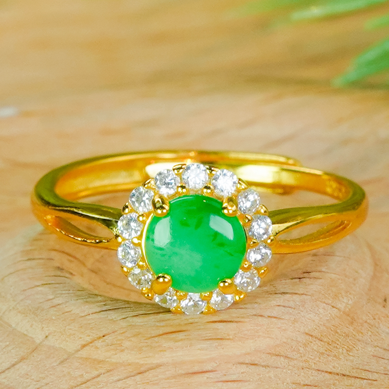 Natural Burmese material A grade jade ring, silver inlaid, fashionable hollow inlaid with sun green jade round ring, living ring