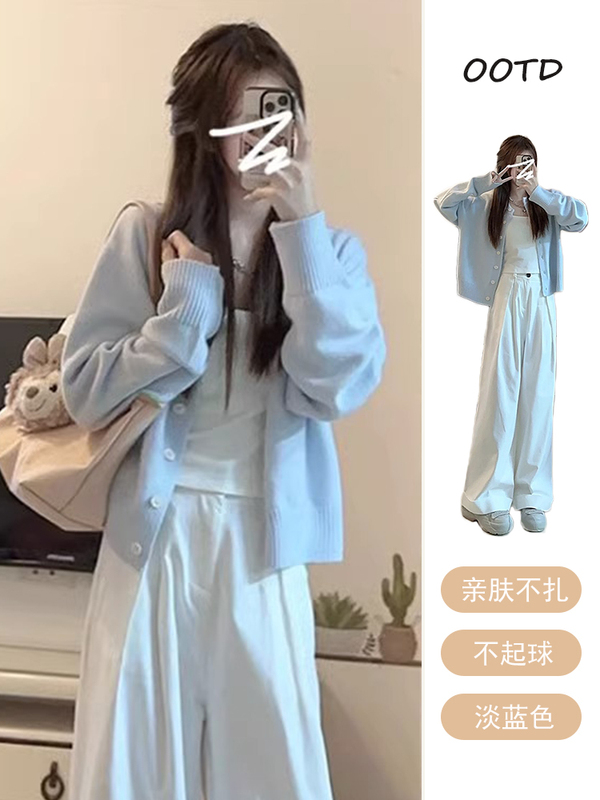 French-Style Blue Knitted Cardigan for Women, New Spring and Autumn Loose-Fitting, Elegant, Petite, Casual, Versatile, Soft and Short Jacket