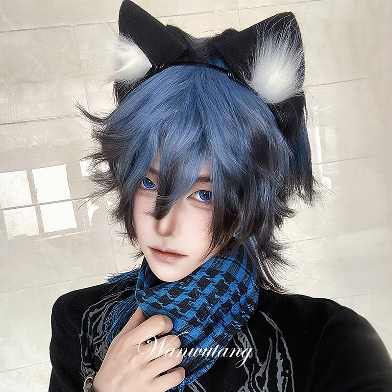 【Star Moon Night】 Unisex Wig with Wolf Tail and Mullet Hairstyle, Blue and Black Gradient Men's Full Head Wig