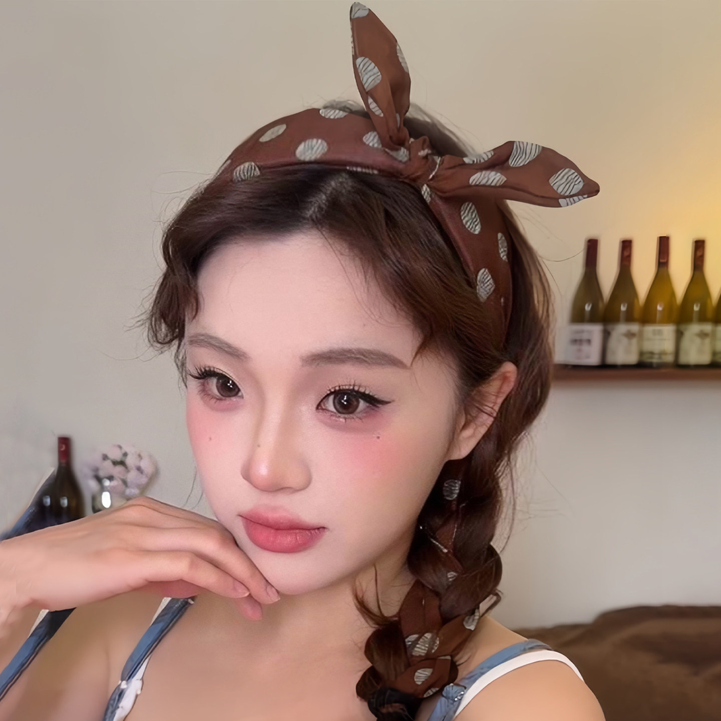 Retro polka dot wide-brimmed bunny ear bow headband for women, 2025 new style, high-end and luxurious ribbon headband hair clip