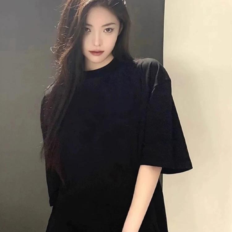100% Pure Cotton Summer Black American Retro Straight Shoulder Short-Sleeve T-Shirt for Women, Versatile, Flattering, Loose-Fitting Round Neck Top ins