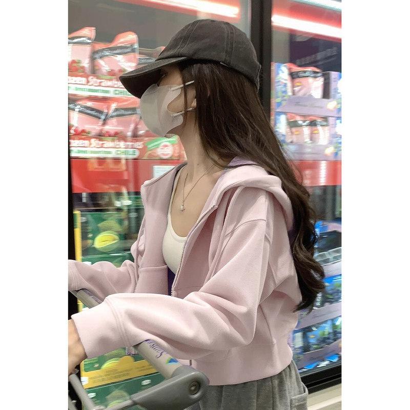 Cute Pink Shorts, Zip-Up Cardigan, Sweatshirt Jacket for Women, 2025 Spring and Autumn Thin Style, Petite Outfit Top