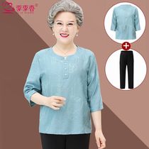 Moms summer cotton and linen top loose T-shirt middle-aged and elderly mother-in-law large size cotton and linen top old lady grandma wear