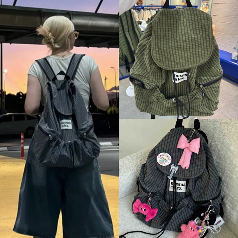 In Stock Masmarulez 25 Styles Plaid Drawstring Large Capacity Waterproof Lightweight Backpack Mountaineering Computer Bag