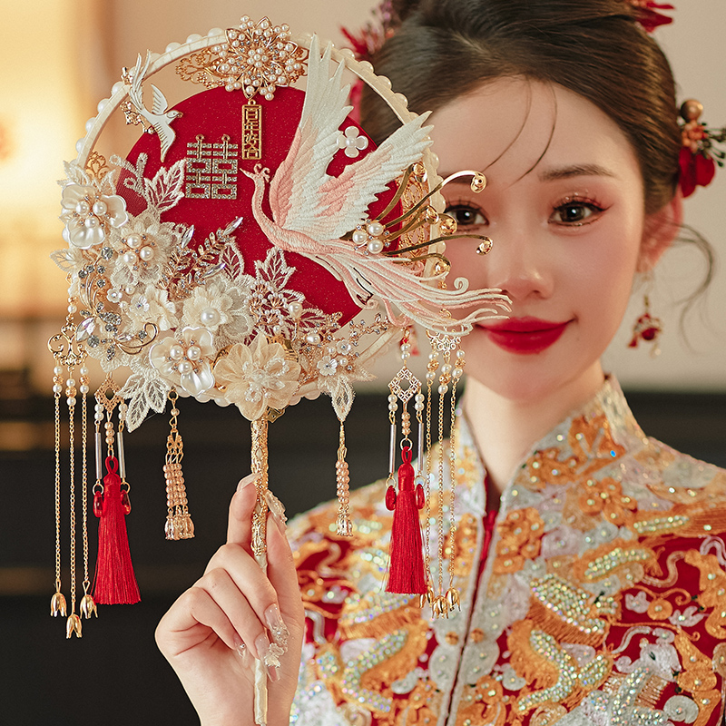 Chinese Bridal Group Fan Wedding Diy Material Bag Champagne Show and Artisanal Joy Fan High-end Gift Finished Red Fan-Taobao