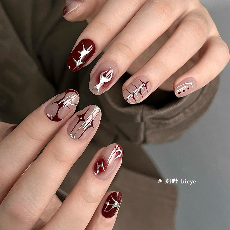 Ji Cheng|Genderless Manicure Pure Hand-Painted Dark Red French Metallic Silver Lines Pure Handmade Wearable Nails