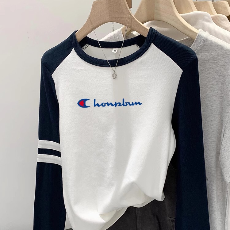 Champion Rainbow Black and White Color-Blocking Raglan Long-Sleeve T-Shirt for Women, Early Spring Round-Neck Base Layer with a Stylish Design