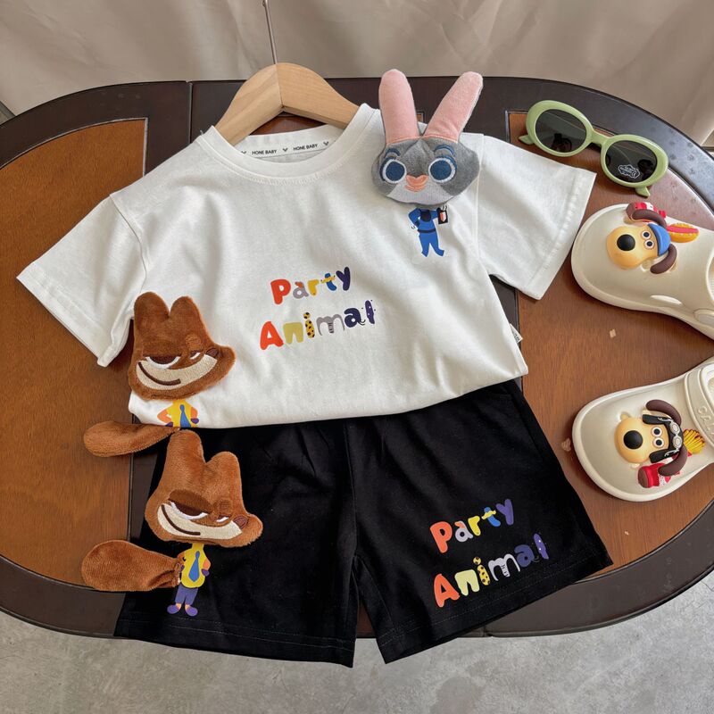 Boys and Girls Short-Sleeved T-Shirt Kidsren's Summer Stereo Rabbit Cartoon Pure Cotton Half-Sleeved T-Shirt Baby Top Two-Piece Suit