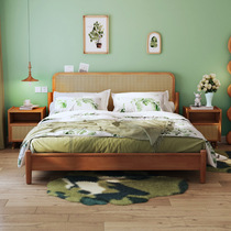 Retro bed rattan all solid wood bed 1 8m double bed Nordic log simple Japanese style B&B furniture wabi-sabi style