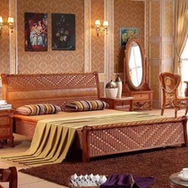 Manufacturer Hotel B&B Real Rattan Furniture Pastoral Style Natural Rattan Bed Hotel Solid Wood Bed Rattan Art