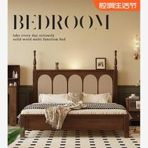 Rattan solid wood bed French medieval Nanyang retro wabi-sabi style American double bed master bedroom ash wood furniture