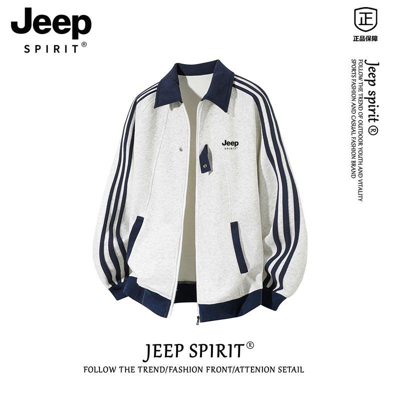 JEEPSPIRIT カラーブロックストライプスタンドカラージャケット（メンズ） - ハイエンドベースボールジャケット、アメリカンスタイルフリース裏地付き厚手スウェットシャツ - トレンディ