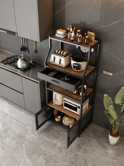 Küchenlagerregal mit Türlagerschrank, bodenstehender mehrschichtiger Backofen, Mikrowelle, Topfgerät, multifunktionaler Lagerschrank