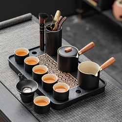 A Complete Set of Kung Fu Tea Sets, Chinese Zen Style Black Simple Covered Bowl, Home Office Tea Tray, Coarse Pottery Teapot, Tea Set