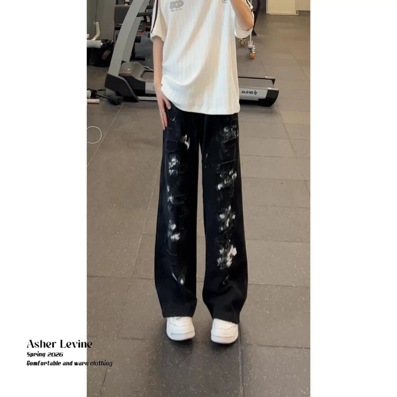 American High Street Style Black Ripped Jeans with Ink Splatter Design for Men, New Spring and Autumn Trendy Loose Fit Versatile Straight Pants
